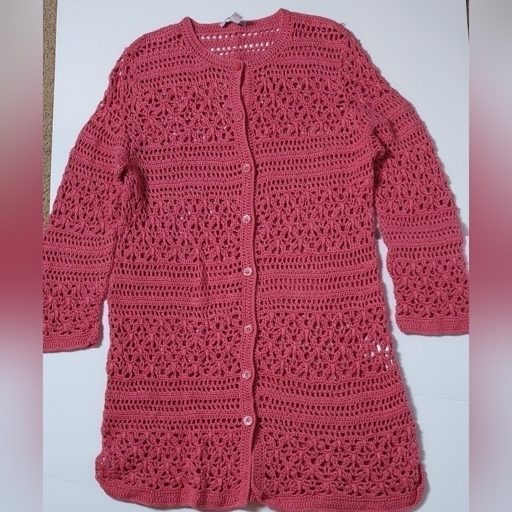 Isaac Mizrahi Live! Dark Peach Crochet Knit Long Cardigan Sweater Long. Sleeves